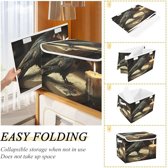 Storage Cube with Lid Crow Gothic Print 16.5×12.6×11.8 IN Collapsible Large Capacity Foldable Storage Basket Bin Organizer