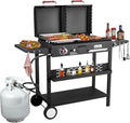 Bestfire Dual Fuel Propane Gas Charcoal Grill Combo Black Dual Lids Flat Top Grill With 2 Side Shelves for BBQ Outdoor and Backyard Cooking