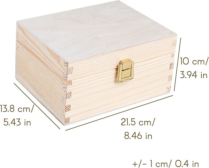 Creative Deco Wooden Storage Box Unpainted Plain | 8.42 x 5.43 x 3.93 in | Keepsake Unfinished Golden Latch &amp Lid | Unfinished Keepsake for the Office or Bedroom | Jewelry Box