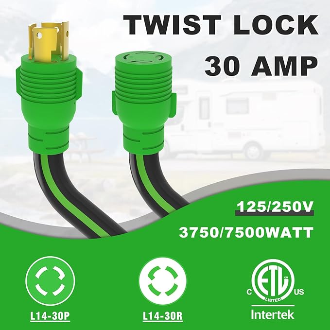 4 Prong 30 Amp Extension Generator Cord 25FT NEMA L14-30P/L14-30R Standard Plug 125/250 Volt Up to 7500 Watts Twist Lock Power Cord for Manual Transfer Switch (Black&ampGreen)