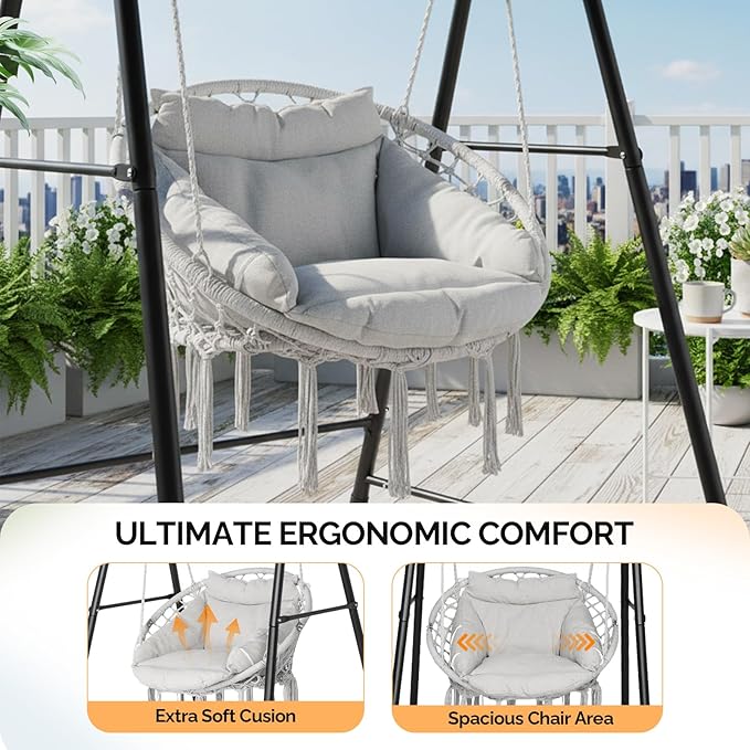 ONCLOUD Hammock Chair with Stand Comfy Hanging Chair with Cusion Swing Stand with Canopy for Outside Heavy Duty 660LBS Hammock Chair Set for Yard Patio (Full Set)