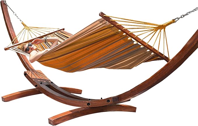 Lazy Daze Hammocks Cotton Fabric Spreader Bar Hammock and 10.5 Ft Wood Arc Hammock Stand Combo for Indoor Outdoor Patio Garden Backyard Khaki and Brown