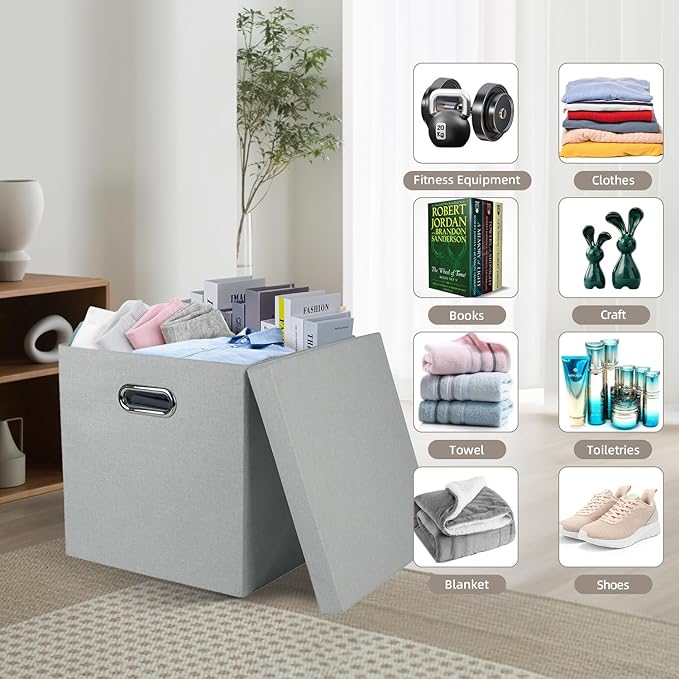 Storage Bins with Lids Collapsible Linen Fabric Boxes Organizer Containers with Lid Foldable Storage Box Basket for Closet Shelves Home Office 11 x 11 x 11.4 Inch 4 Pack Gray