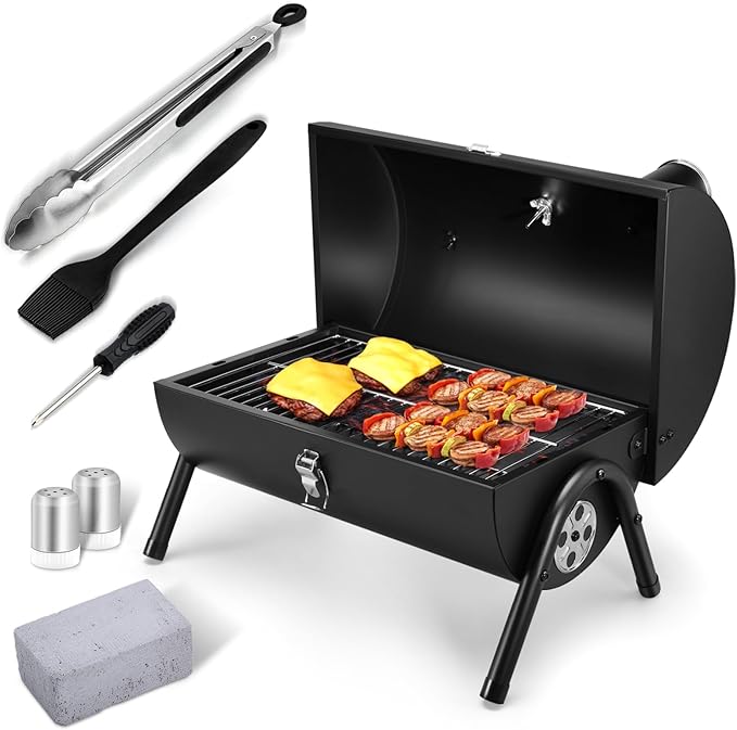 Joyfair Portable Charcoal Grill Set Small Tabletop Barbecue Grill with Accessories Tools for Outdoor Camping BBQ Grilling Backyard Party Cooking Heavy Duty &amp Innovative Design Thermometer &amp
