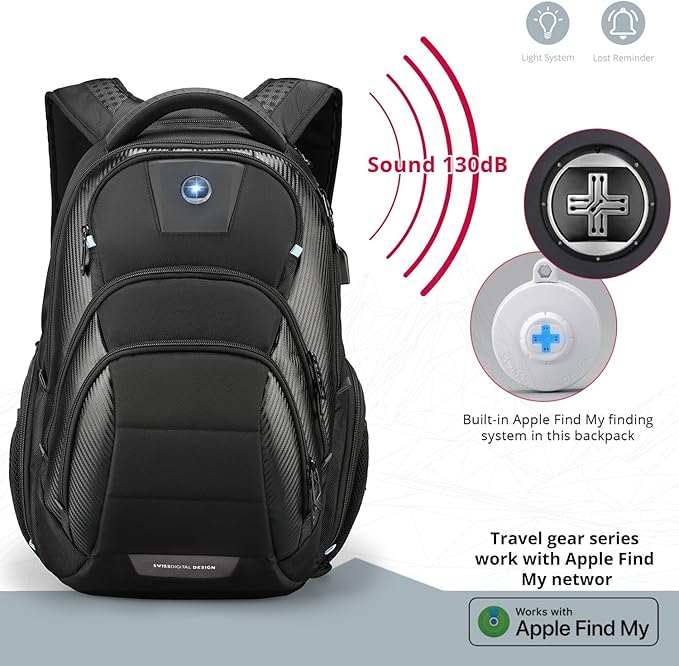 Swissdigital Design TSA Business Laptop Backpack for Men Large Capacity Travel Backpack with Apple Find My Network and USB Charging Port Tech Backpacks Fits 17 Inch Computer Black| SD1643FB-01