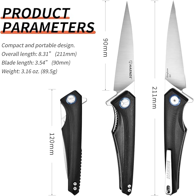 Harnds Qingluan Folding Knife with Pocket Clip D2 Steel Blade 3.54'' and G10 Handle Outdoor Adventure knife EDC Camping Knife (Black)