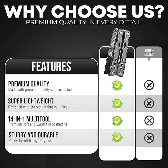 14-In-1 Multitool Pliers Pocket Knife Stainless Steel Great Camping Accessories - Camping Multi Tool Gifts for Men with Portable Belt Holder Nylon Pouch and Safety Locking Survival Tools