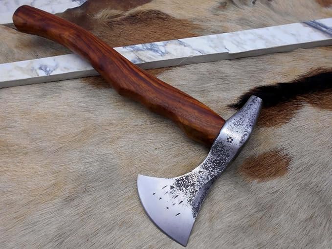 Damascus Depot Camper Axe 14 Inches Long Hand Forged Carbon Steel with Rose Wood Round Handle Bearded Hiking Battle Axe Thick Cow Hide Leather Sheath