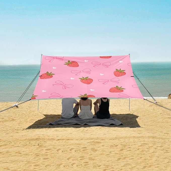 ALAZA Straberry Bow Pink Beach Tent Sun Shelter Portable Canopy Sunshade for Outdoor Camping Picnics Backyard Fun 10x9 ft