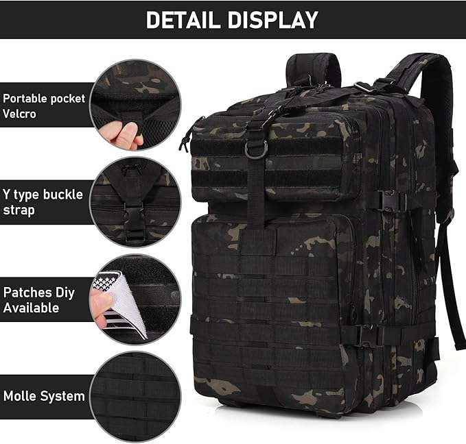 ShowyLive 3P Tactical Backpack Military Rucksack - 45L Large Hiking Backpack Waterproof Durable Camping Backpack for Men Women Travel Outdoor Sports Bug Out Bag (Black CP)