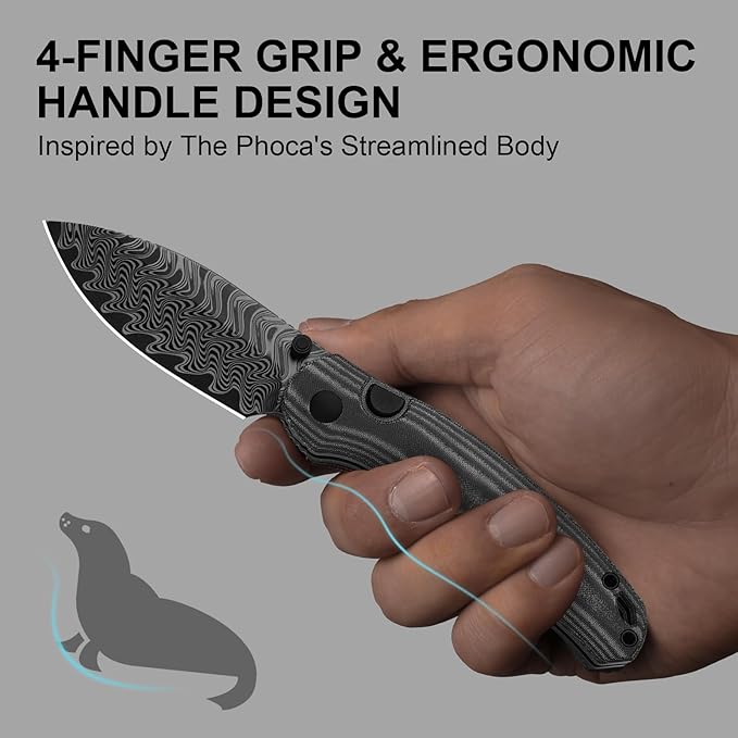 Kizer Phoca BD Pocket Knife 2.95 Drop Point Damascus Blade Folding Knives with Black Norplex UltreX™ Micarta Handle Thumb Stud EDC Knife for Men Women V3781BDA3