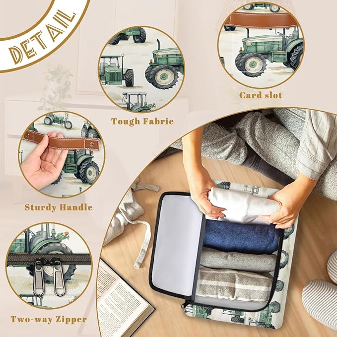 Tractor Truck Storage Bins with Zipper Lid Collapsible Fabric Storage Basket with Leather Handles Closet Shelf Cloth Organizer Basket for Nursery Bedroom Clothes Toy