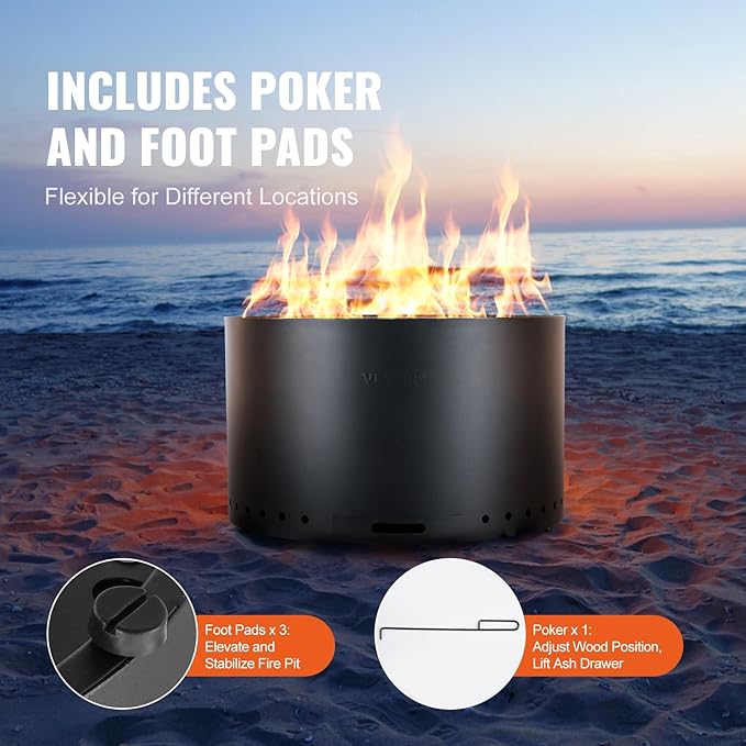 VEVOR Smokeless Fire Pit Stove Bonfire H: 17 in x Dia: 28 inWood Burning Fireplaces with Removable Ash Pan SUS430 Stainless Steel Inner Portable Outdoor Firepitfor Outdoor Patio Camping Black