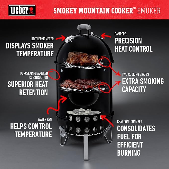 Weber Smokey Mountain Cooker 22-Inch Charcoal Smoker – Outdoor BBQ Smoker with Dual Cooking Grates Porcelain‑Enameled Kettle &amp Temperature Control Dampers