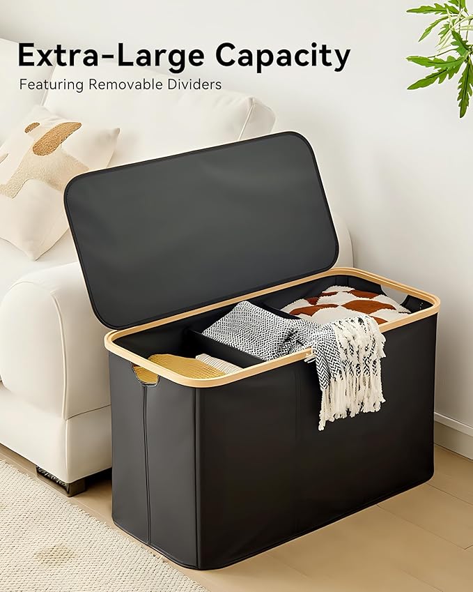 Storage Basket with Lid and Handles 135L Fabric Bin with Divider for Shelf Closet Toy Organization Collapsible Storage Organizer for Home Black