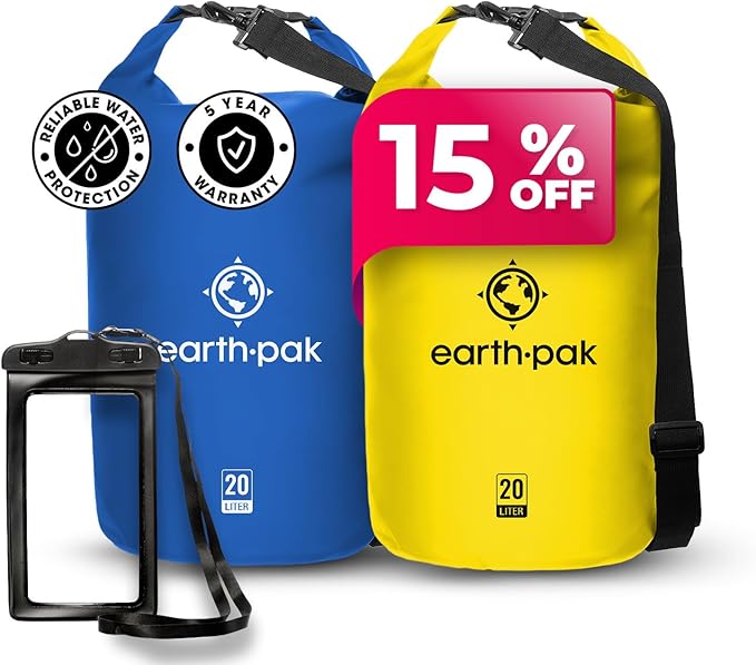 Earth Pak Waterproof Dry Bag - Roll Top Waterproof Backpack Sack (20L Blue &amp 20L Yellow)