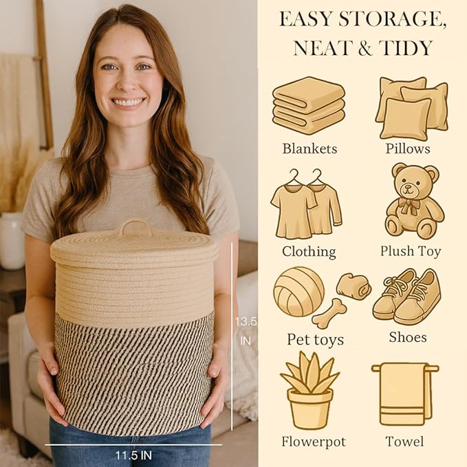Yimi's Dream Cotton Rope Basket with Lid – Soft Storage Bin for Home Organization Brown &amp Brown‑Black Pattern Sturdy Lightweight &amp Stylish 11.5″ Round x 13.5″ High