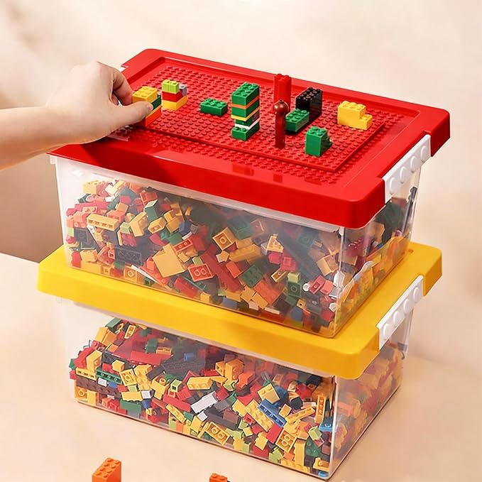 Toy Storage Organizer Bin for Lego Plastic Organizer Box with Removable Tray and Building Baseplate Lid Stackable Building Block Storage Craft Storage Container for Lego Art Toy Tool Sewing