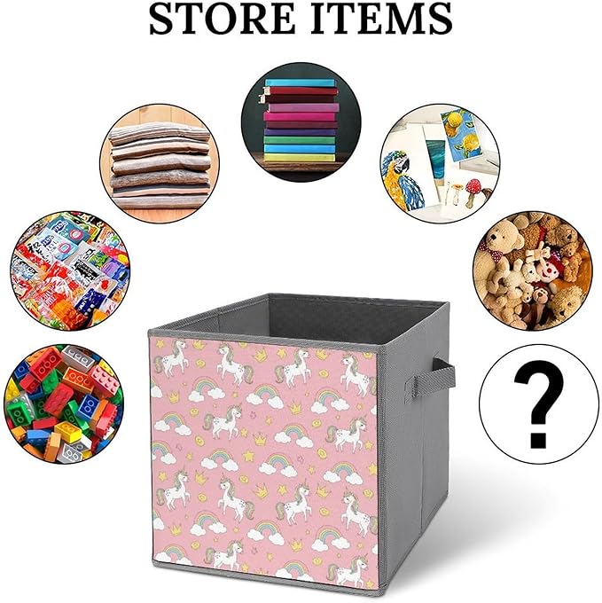 Collapsible Storage Box with Handles Cute Pink Unicorns Multi-Purpose Foldable Cube Bin for Pantry Garage Bathroom Quick-Fold Design for Easy Storage