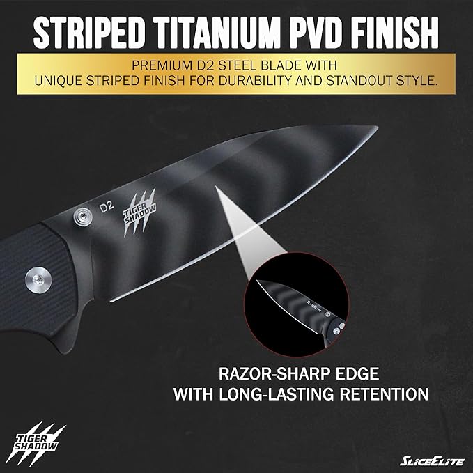 SliceElite Tiger Shadow Folding Knife D2 Steel 3.5 Inch Drop Point Blade Black G10 Handle Button Lock Striped Titanium Finish EDC Pocket Knife Outdoor Camping Survival Everyday Carry