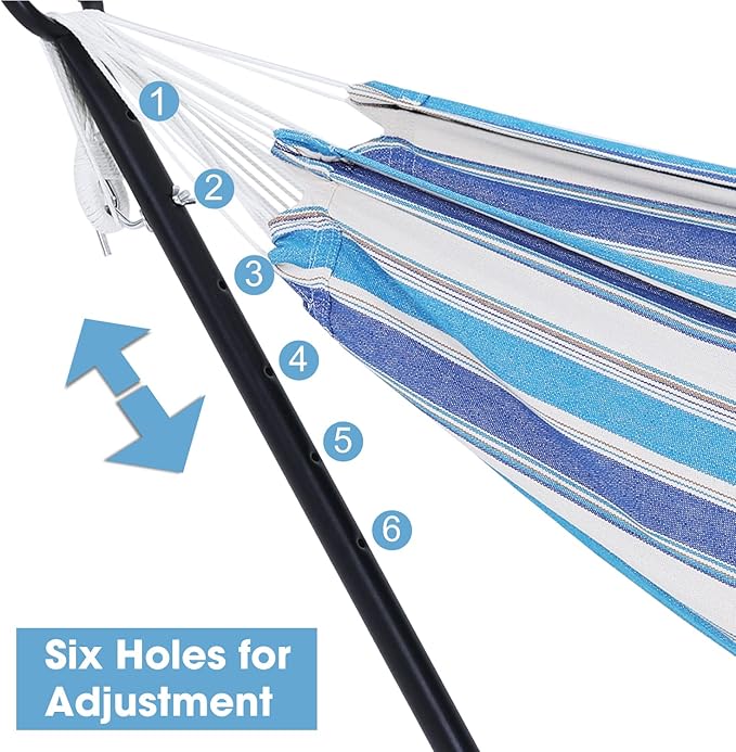 550lbs Capacity Double Hammock Adjustable Hammock Bed with 10ft Heavy Duty Steel Stand Includes Portable Carrying Case Easy Set up European Style Blue Stripes