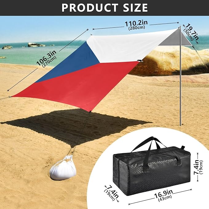 Czech Flag Czechia National Blue Red Beach Tent UPF50 Water-Resistant Portable Sun Shelter with Sandbags and Shovel for Backyard and Camping
