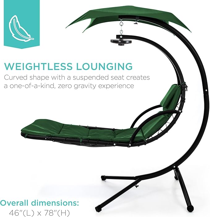Best Choice Products Hanging LED-Lit Curved Chaise Lounge Chair Swing for Backyard Patio Lawn w/ 3 Light Settings Weather-Resistant Pillow Removable Canopy Shade Steel Stand - Green