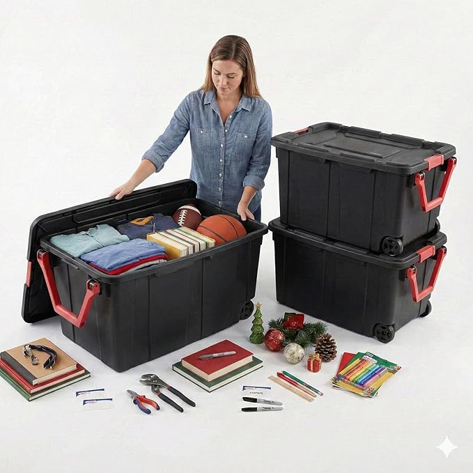 40 Gallon Plastic Storage Box with Wheels and Lids Stackable Industrial Tote Pack of 2 (Black)
