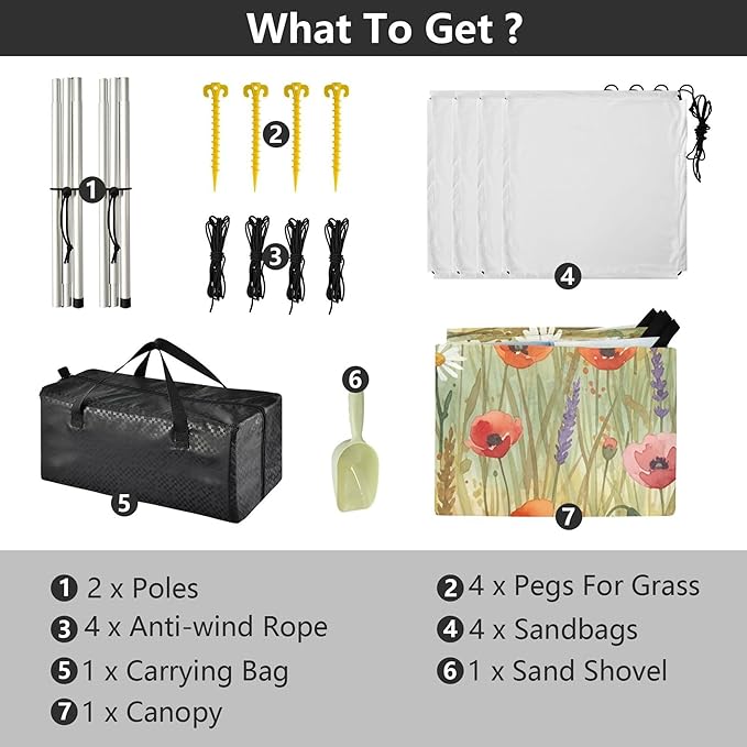 Wildflowers Beach Canopy Sun Shelter with Sandbags &amp Sand Shovel &amp Windproof Ropes - Portable 110x126 Beach Shade Beach Tent for Camping Picnics
