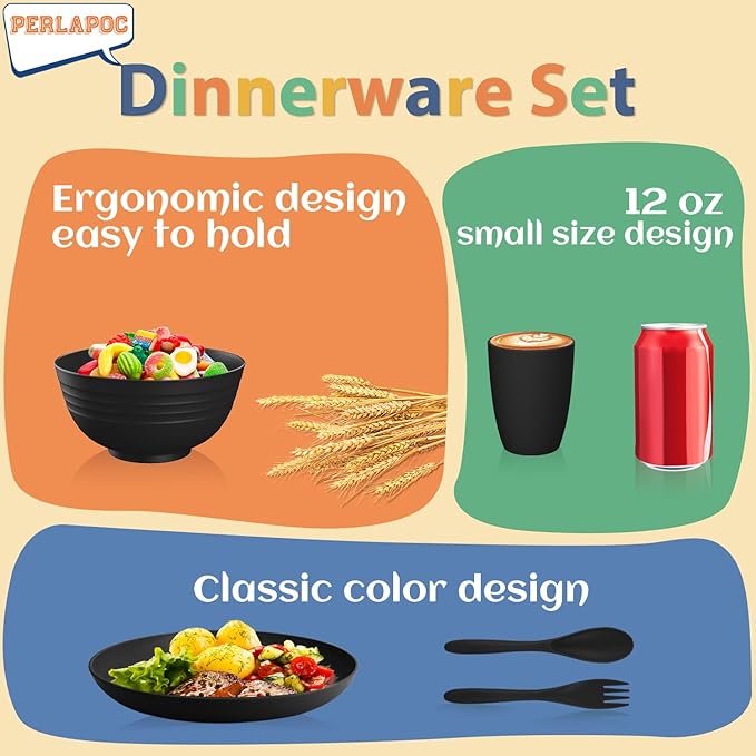 Wheat Straw Dinnerware Sets Unbreakable Kids Plates and Bowls Sets 20-Piece Service for 4 Alternative Plastic Outdoor Camping Dishes Microwave &amp Dishwasher Safe - Black
