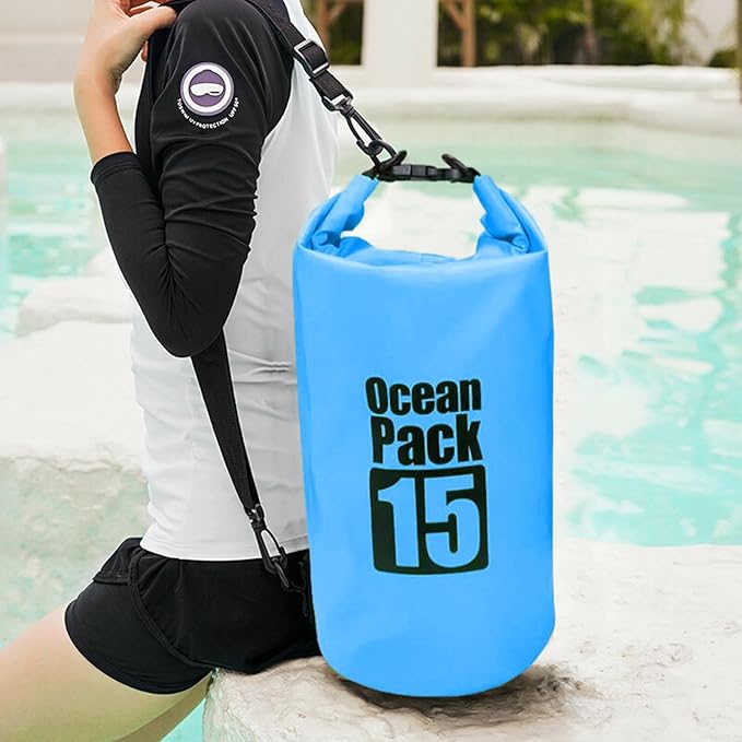 Waterproof Dry Bags for Beach 15L Roll Top Fishing Storage Water Sports Dry Sack for Kayakers Boaters Swimmers Fishermen Rafters Surfers Travelers Hikers Beach Trips Boating Swimming Kayaking