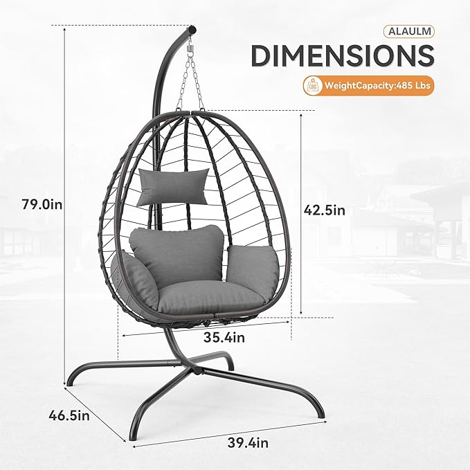 ALAULM Foldable Egg Chair with Stand 485LBS Capacity Wicker Rattan Hammock Swing Chair for Outdoor &amp Indoor Hanging Chair with Strong Frame &amp UV Resistant Cushion for Balcony Bedroom Light
