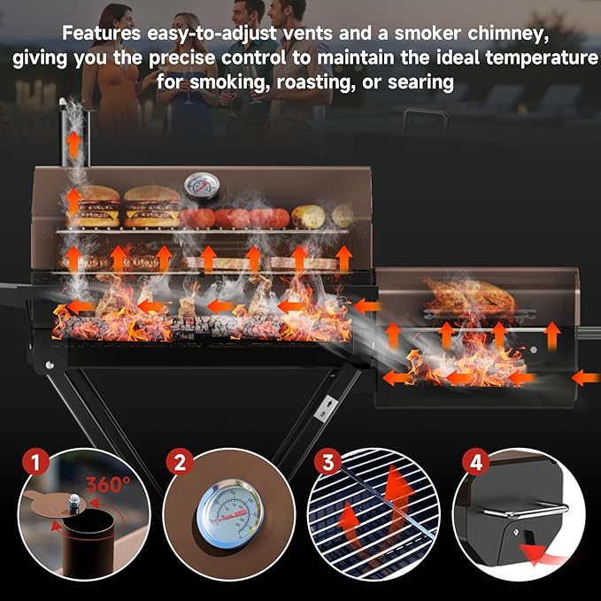 Portable Charcoal Grill with Smoking Function Foldable Suitcase Design with Wheels Multi-Tier Storage Rack &amp Waterproof Cover for Outdoor BBQ Parties (Khaki)