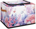 Seashell Coral Storage Box with Lid Ocean Beach Collapsible Storage Bins Baskets Cubes Closet Shelf Clothes Organizer Containers with PU Leather Handles