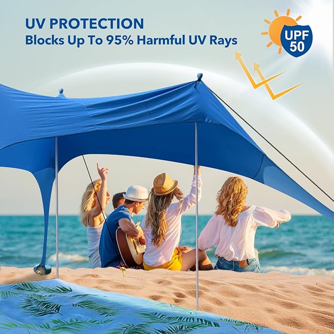 Beach Canopy Tent with UPF50+ Protection Sun shelter Umbrella Portable Camping Tents 12X12FT Include Beach Blanket Phone Case with Sandbags Poles Anti-Wind Ropes for Beach Camping Backyard Picnics