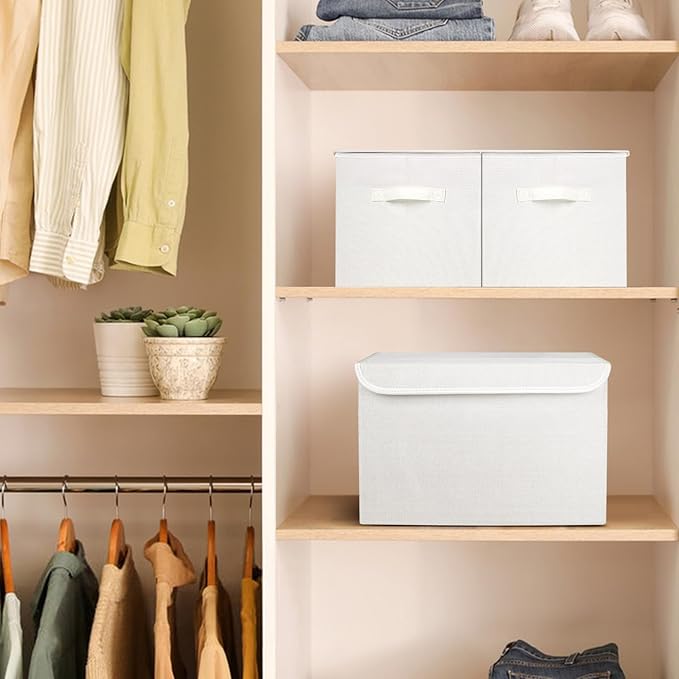 Bagnizer Large 22 Quart Linen Fabric Foldable Storage Bin Cube Organizer Basket with Flip-Top Lid &amp Handles Clothes Blanket Box for Home Office Closet White 4 Pack 14.6 x 9.5 x 9.5”