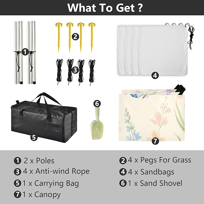 Wildflowers Beach Canopy Sun Shelter with Sandbags &amp Sand Shovel &amp Windproof Ropes - Portable 110x126 Beach Shade Beach Tent for Camping Picnics