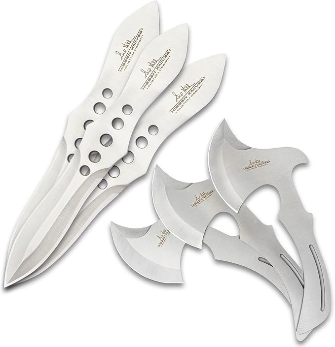 Hibben Throwing Axe and Knife Set | One-Piece 3Cr13 Stainless Steel Construction | Tough Nylon Belt Sheath | Includes Six Throwers | Curved-Grip Design | Accurate Throwers to Hone Your Skills