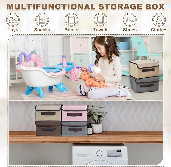 uxcell 2Pcs Storage Bin with Lid Fabric Foldable Box Decorative Storage Boxes with Lids for Keepsake Shelf Closet Nursery Home Bedroom(Green S &amp L Size)