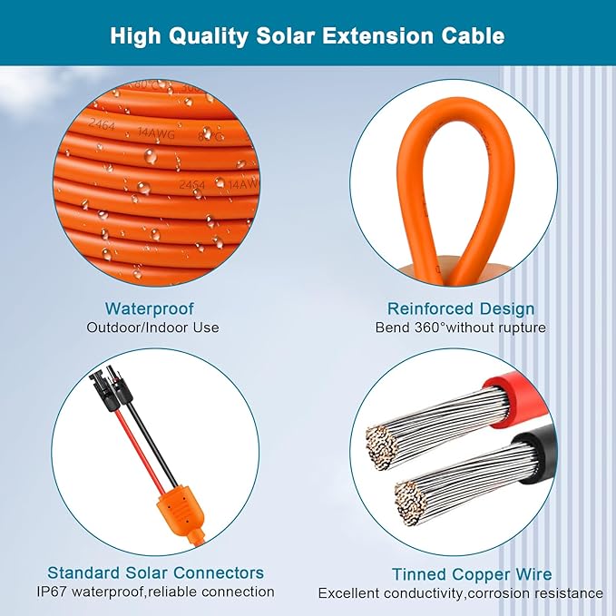 Solar Panel Extension Cable 50FT - MOOKEERF 10AWG+14AWG Solar Wire with Female &amp Male IP68 Waterproof Connector for RV Photovoltaic Systems Home Boat Solar Panels Car