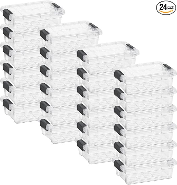 Superio Clear Storage Boxes with Lids 1.27 Quart Plastic Container Bins for Organizing Stackable Crates BPA Free Non Toxic Odor Free Organizers for Home Office and Dorm 24 Pack