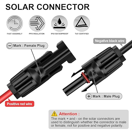 Solar Panel Extension Cable - 15FT 10AWG(6mm²) Solar Panel Wire Twin Wire with Female and Male Connector Tinned Copper Wire for Home Boat RV Solar Panel Outdoor-One end Installed (10AWG 15FT)