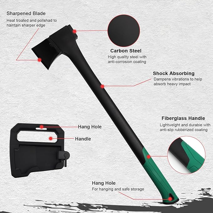 Camping Hatchet 31.8 InchSurvival Hatchet Tactical for Wood Chopping and KindlingHatchet Axewith V Grind Blade Lightweight Nylon Fiber Handlefor Outdoor Survival Gardening Hiking (L)
