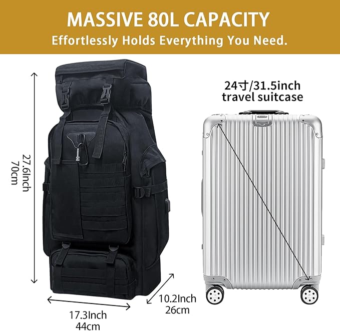 80L Camping Hiking Backpack Large Military Tactical Backpack with USB Charging Port Waterproof Travel Daypack With Carabiner Outdoor MOLLE Rucksack for Men Women (Black)