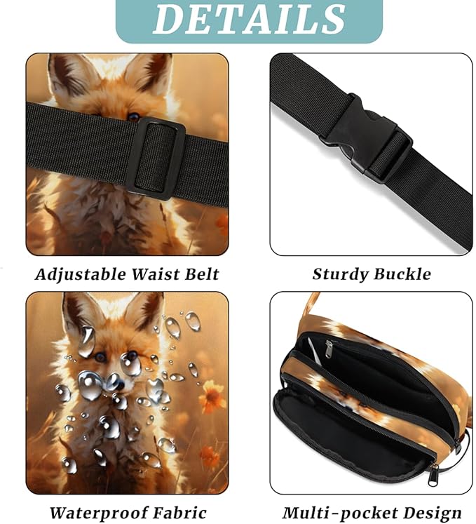 Watercolour Fox Flower Field Waterproof Fanny Pack for Women Men Adjustable Waist Bag with Double Zipper Pockets Lightweight Square Hip Pack for Running Travel Hiking Workout Cycling