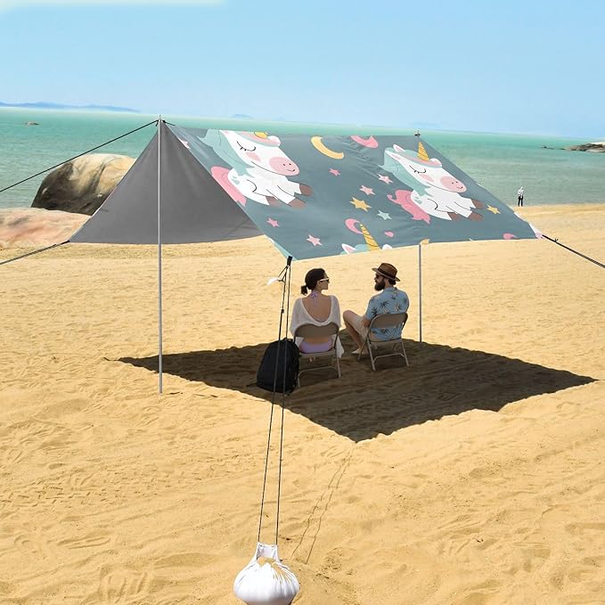 ALAZA Unicorn Star Moon Pattern Beach Tent Sun Shelter Portable Canopy Sunshade for Outdoor Camping Picnics Backyard Fun 10x9 ft