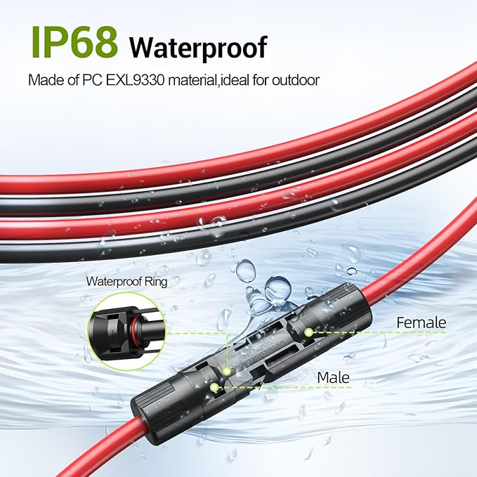100FT 10AWG Solar Extension Cable 10 Gauge Solar Panel Wire with Waterpproof Female and Male Connectors for Outdoor RV Off-Grid Photovoltaic Systems(Black+Red)