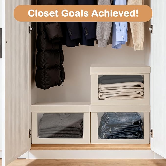 VZZNN Collapsible Toy Storage Bins 6 PCS with Lids &amp Clear Window Fabric Organizers with Handles for Closet Nursery Playroom | Beige Decorative Storage Boxes (14.5x9.4x9.8 Inches)