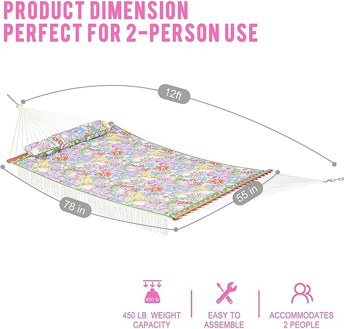 Lazy Daze Hammocks 12 FT Double Quilted Fabric Hammock with Extra Large Soft Pillow and Carrying Bag 2 Person Outdoor Hammock with Spread Bar and Elegant Tassels Heavy Duty 450 lbs Capacity Floral