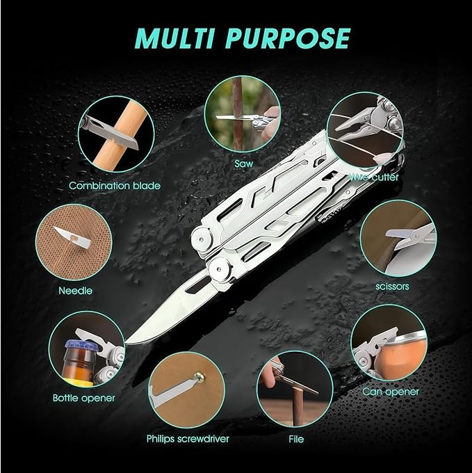 Multitool 19-in-1 Full-Size Lightweight EDC Tactical Hiking Gear Camping Knives &amp Tools Gifts for Guys Equipment for Emergencies Hiking and Outdoor Camping Multi-Purpose Pliers (Silver)